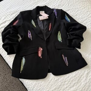 Cinq a Sept Black Blazer with Colorful Embellishments